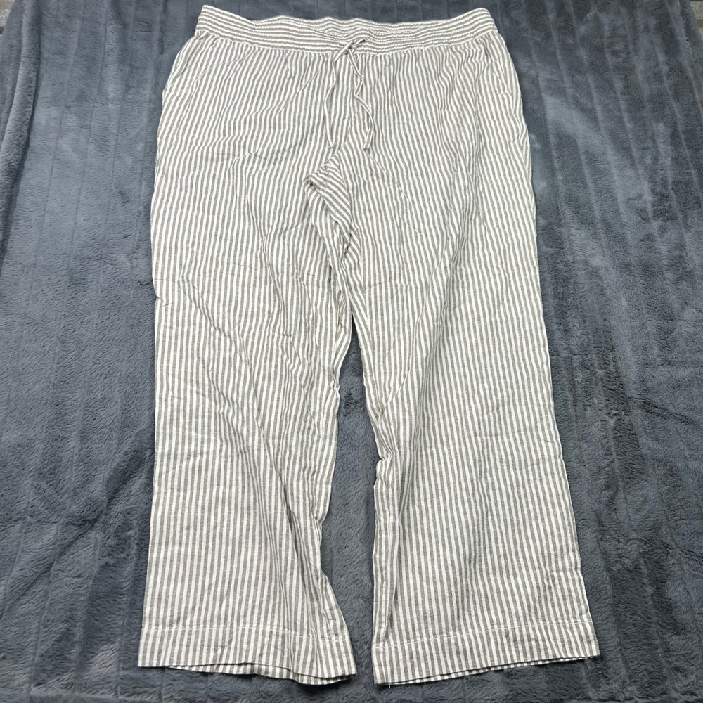 Talbots Plus Womens 2X Linen Cotton Striped Pull On Wide Leg Pants Green White